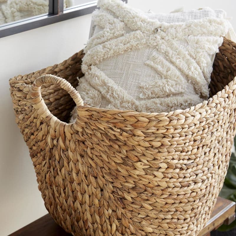 Large brown woven seagrass storage basket with ring handles for neutral home organization gallery view 1
