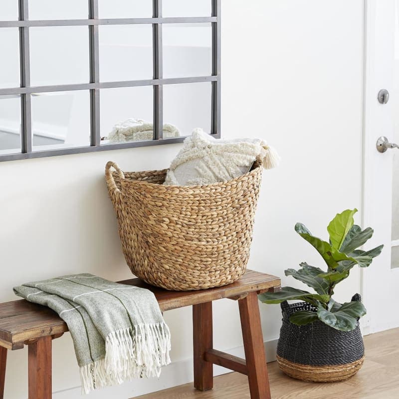 Large brown woven seagrass storage basket with ring handles for neutral home organization gallery view 3