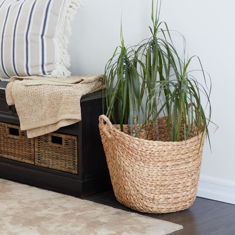 Large brown woven seagrass storage basket with ring handles for neutral home organization gallery view 2