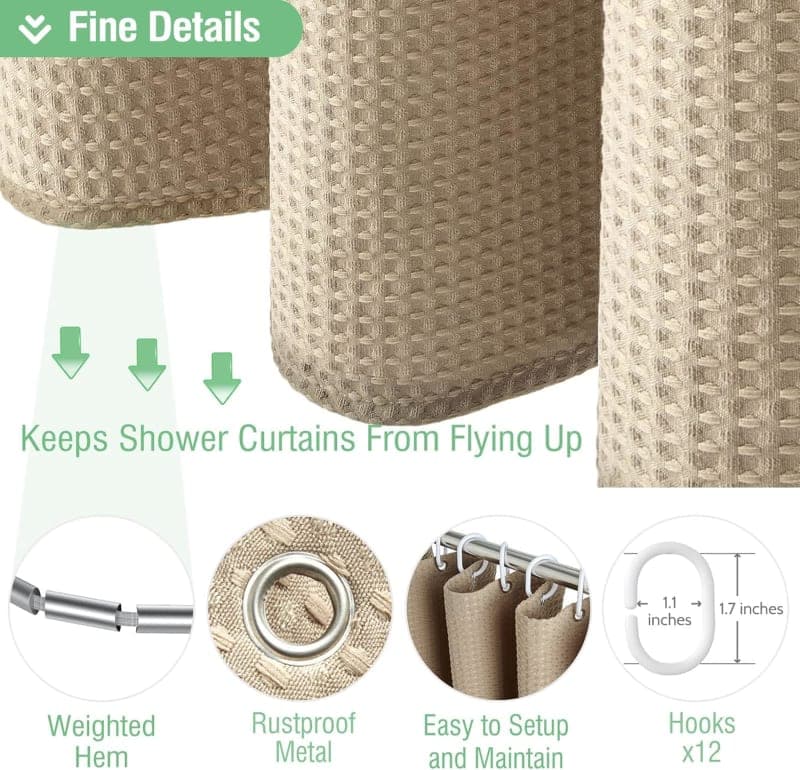 Beige waffle fabric shower curtain with textured hotel spa style for neutral bathroom decor gallery view 1