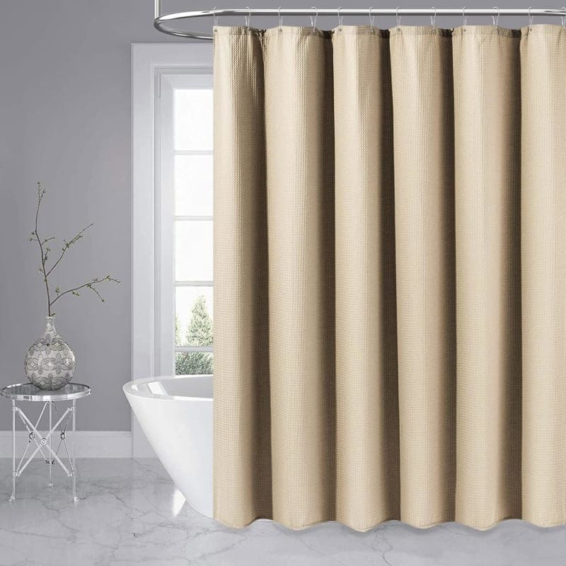 Beige waffle fabric shower curtain with textured hotel spa style for neutral bathroom decor gallery view 4