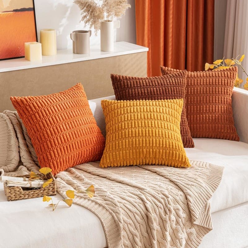 Rust corduroy throw pillow covers with striped texture for sofa, couch, or bed decor gallery view 1