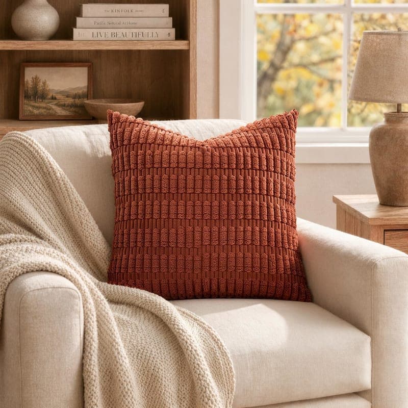 Rust corduroy throw pillow covers with striped texture for sofa, couch, or bed decor gallery view 2