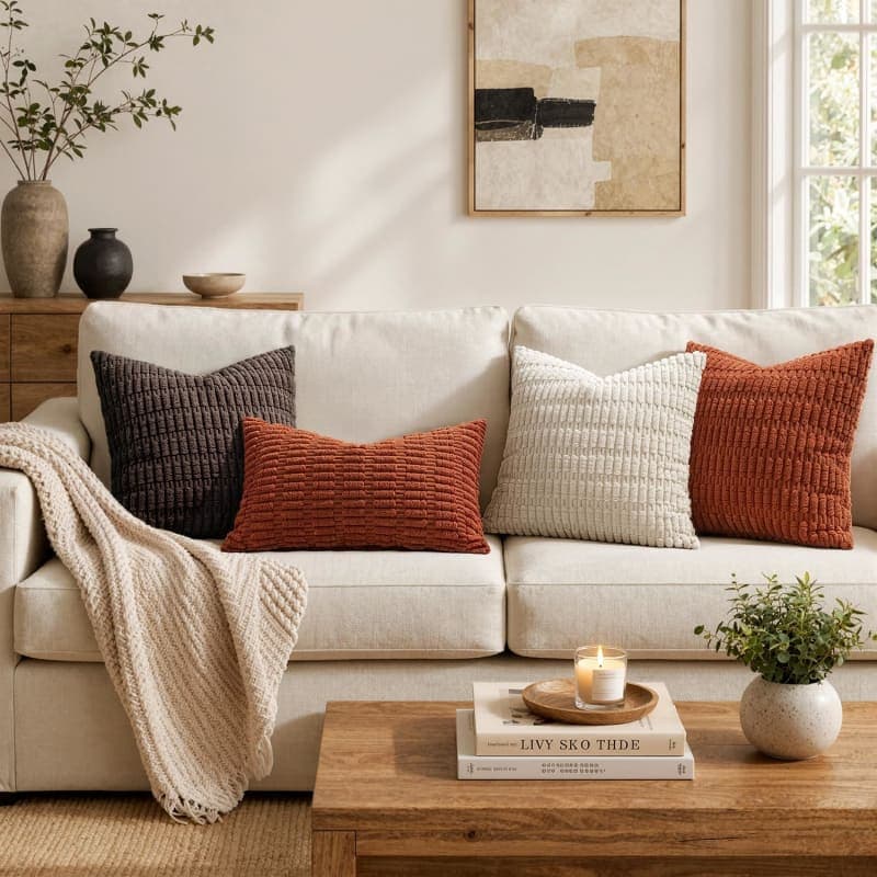 Rust corduroy throw pillow covers with striped texture for sofa, couch, or bed decor gallery view 3