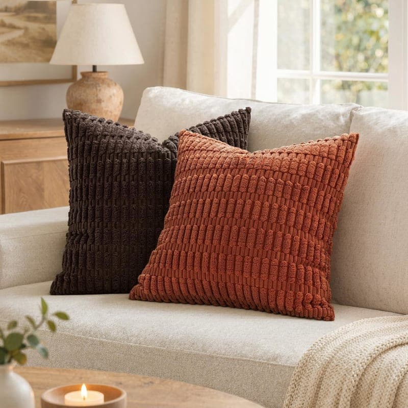Rust corduroy throw pillow covers with striped texture for sofa, couch, or bed decor gallery view 4