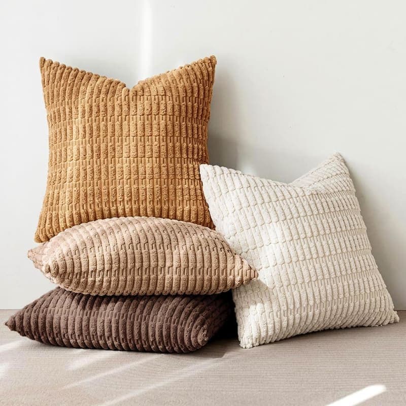 Neutral corduroy throw pillow covers in brown, beige, cream, and white for sofa or bed decor gallery view 3