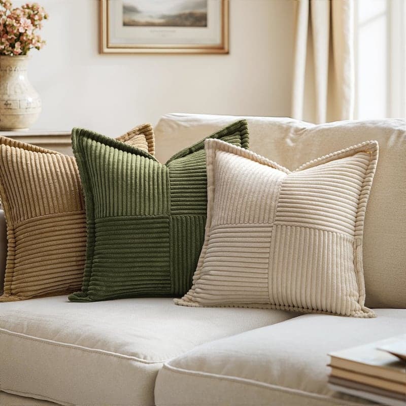 Beige corduroy patchwork throw pillow covers with striped texture for sofa or bed decor gallery view 1