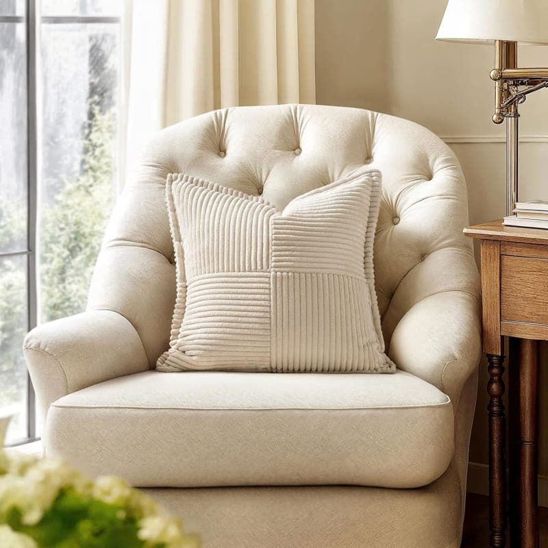 Beige corduroy patchwork throw pillow covers with striped texture for sofa or bed decor gallery view 2