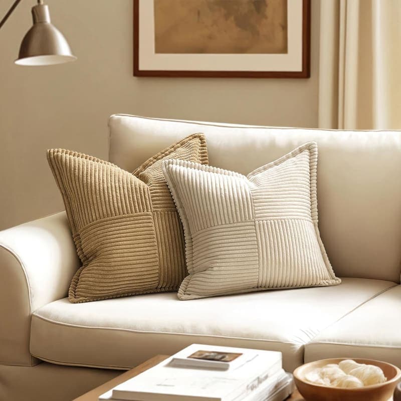 Beige corduroy patchwork throw pillow covers with striped texture for sofa or bed decor gallery view 3