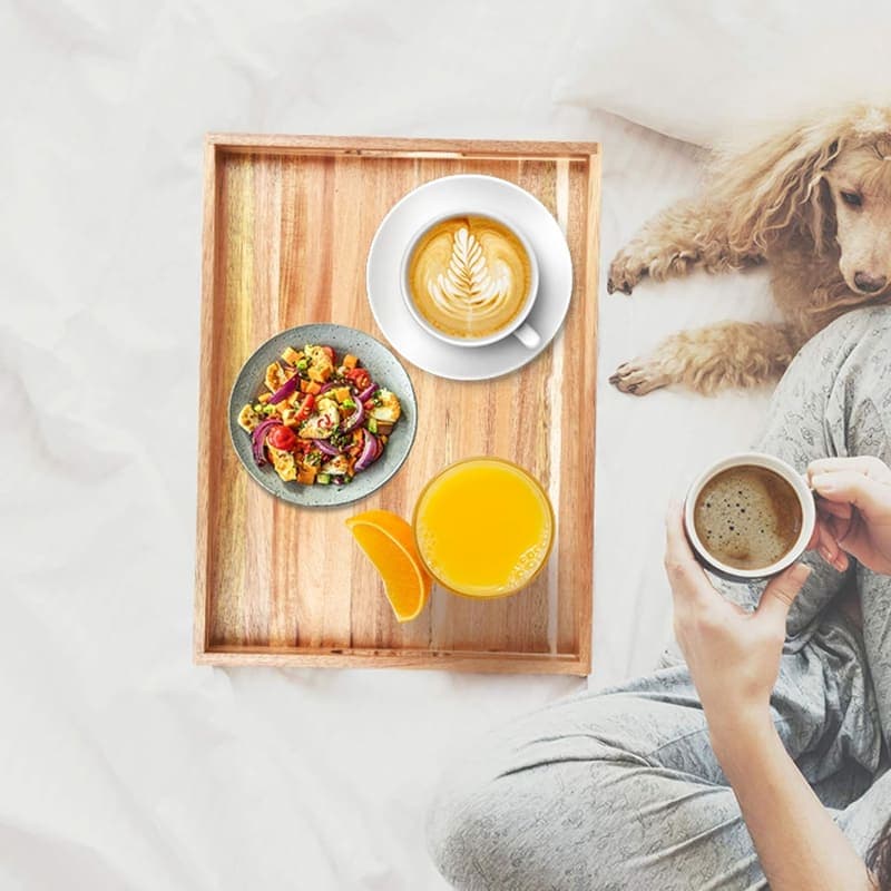 Acacia wood serving tray with handles styled for breakfast in bed with coffee and juice gallery view 3