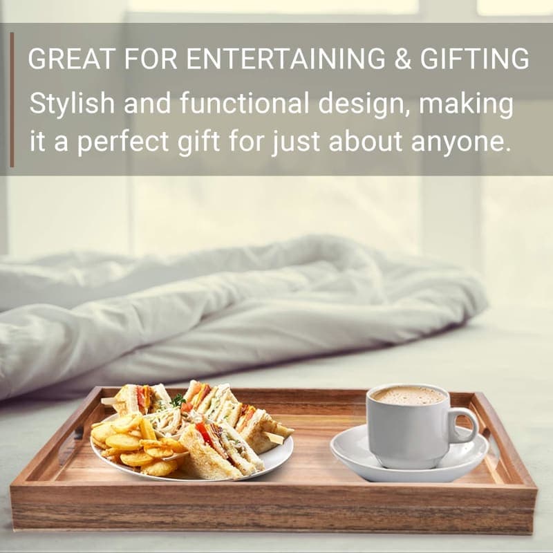 Acacia wood serving tray with handles styled for breakfast in bed with coffee and juice gallery view 2