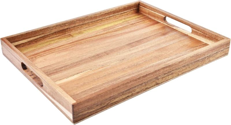 Acacia wood serving tray with handles styled for breakfast in bed with coffee and juice gallery view 4