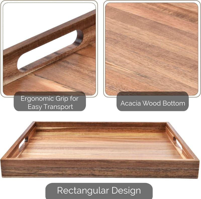 Acacia wood serving tray with handles styled for breakfast in bed with coffee and juice gallery view 1