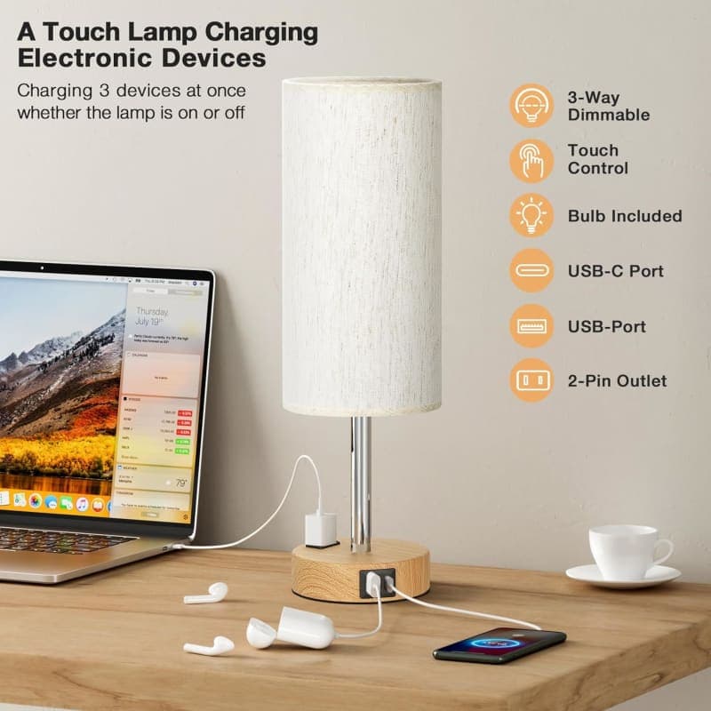 Dimmable touch bedside table lamp with wood base, fabric shade, USB-C port, and warm bedroom lighting gallery view 1