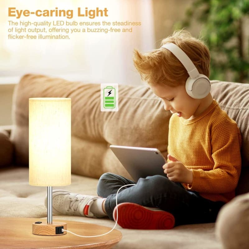 Dimmable touch bedside table lamp with wood base, fabric shade, USB-C port, and warm bedroom lighting gallery view 2