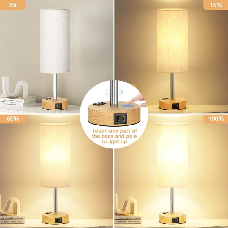 Dimmable touch bedside table lamp with wood base, fabric shade, USB-C port, and warm bedroom lighting gallery view 3