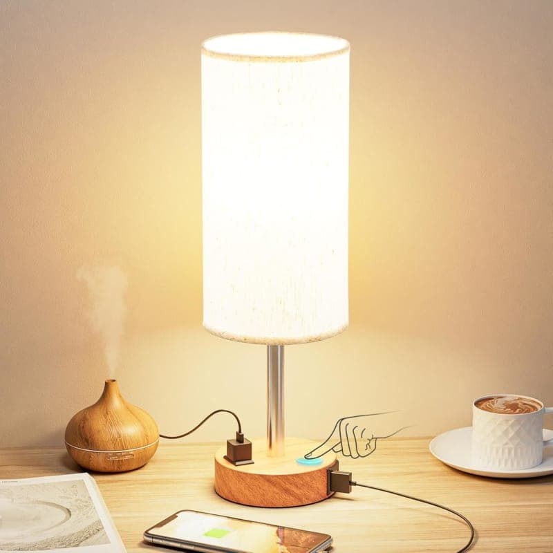 Dimmable touch bedside table lamp with wood base, fabric shade, USB-C port, and warm bedroom lighting gallery view 4