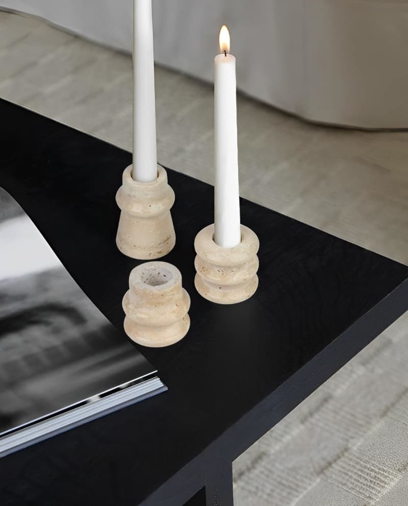 White natural stone taper candle holders with textured finish for table, mantle, or shelf decor gallery view 1