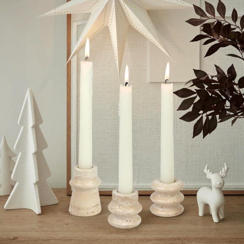 White natural stone taper candle holders with textured finish for table, mantle, or shelf decor gallery view 4