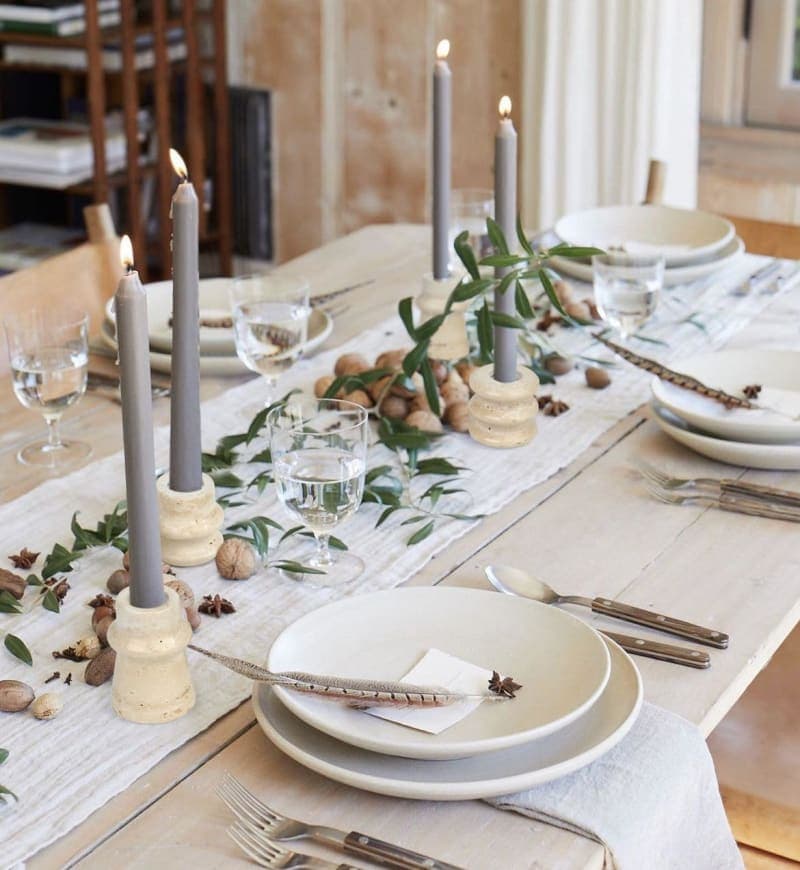 White natural stone taper candle holders with textured finish for table, mantle, or shelf decor gallery view 2