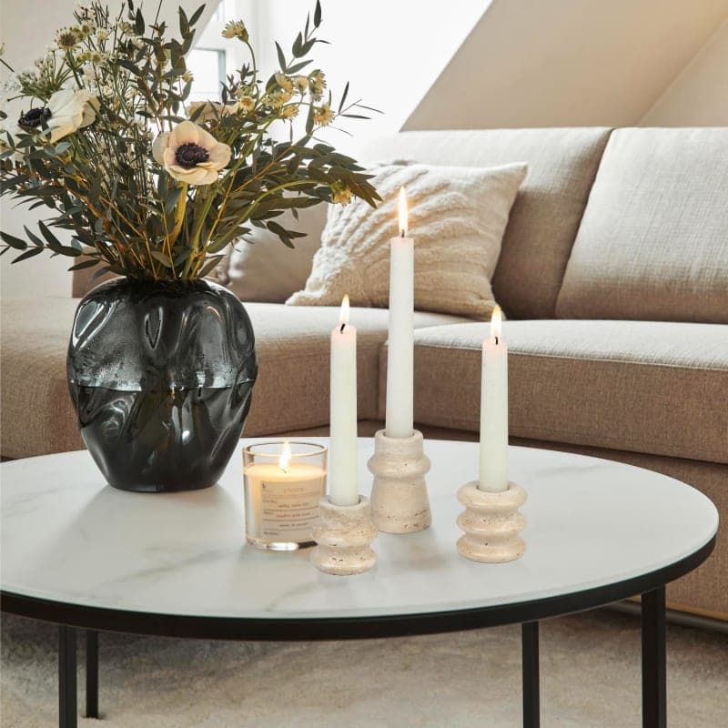 White natural stone taper candle holders with textured finish for table, mantle, or shelf decor gallery view 3