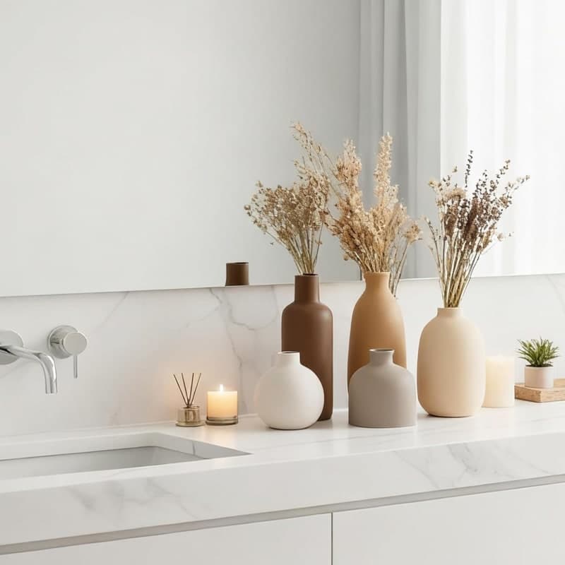 Neutral ceramic vase set in cream, brown, tan, white, and gray for flowers or pampas grass decor gallery view 1