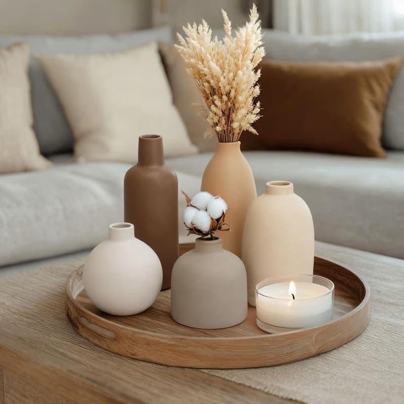 Neutral ceramic vase set in cream, brown, tan, white, and gray for flowers or pampas grass decor gallery view 3