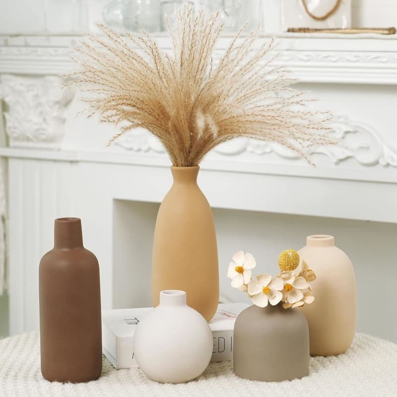 Neutral ceramic vase set in cream, brown, tan, white, and gray for flowers or pampas grass decor gallery view 4