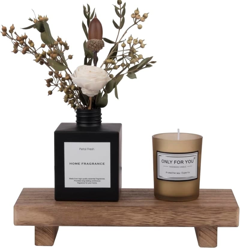 Brown wood pedestal tray stand styled with flowers, brush, and home fragrance for bathroom or kitchen decor gallery view 1