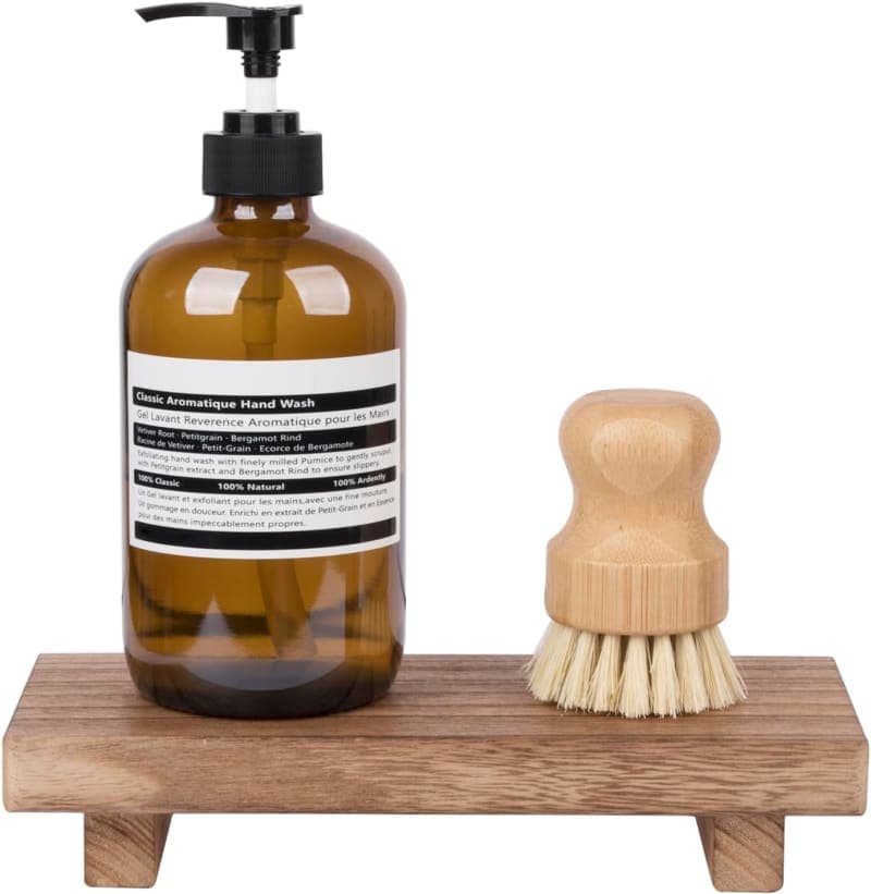 Brown wood pedestal tray stand styled with flowers, brush, and home fragrance for bathroom or kitchen decor gallery view 2