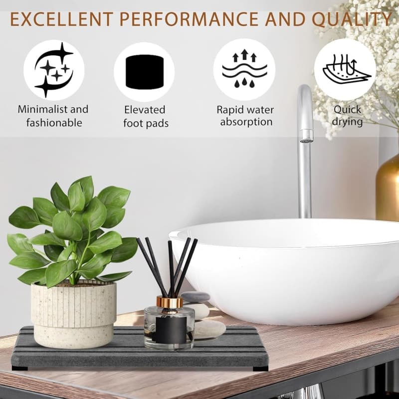 Gray diatomite stone sink tray set for soap, sponge, plants, and bathroom or kitchen counter decor gallery view 3