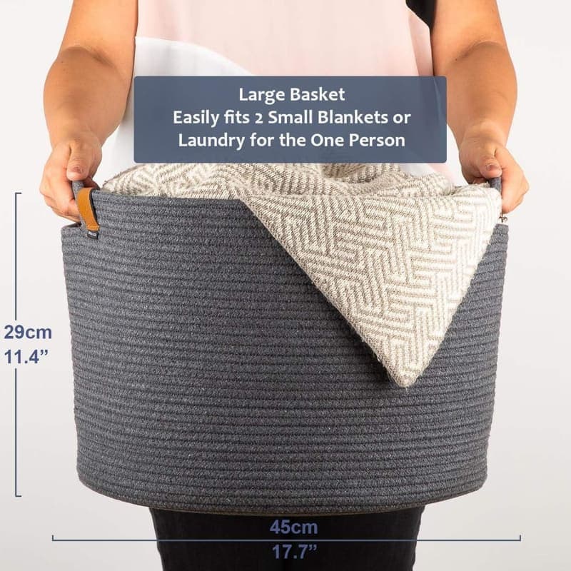 Charcoal gray woven storage basket with handles for shoes, blankets, toys, or entryway organization gallery view 4