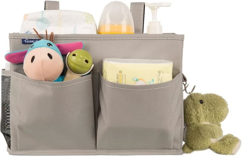 Gray fabric bedside storage caddy with pockets and hooks for dorm room or small bedroom organization gallery view 3