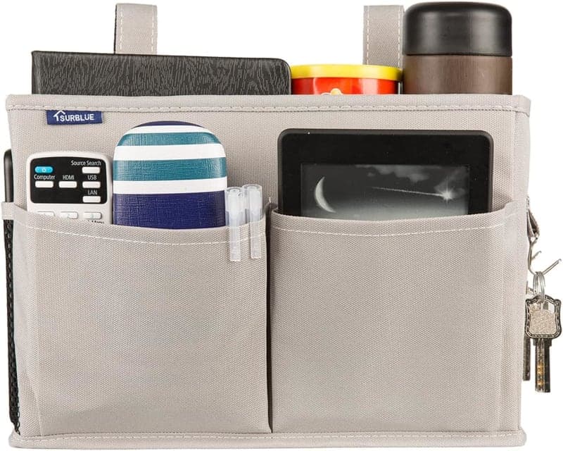 Gray fabric bedside storage caddy with pockets and hooks for dorm room or small bedroom organization gallery view 2