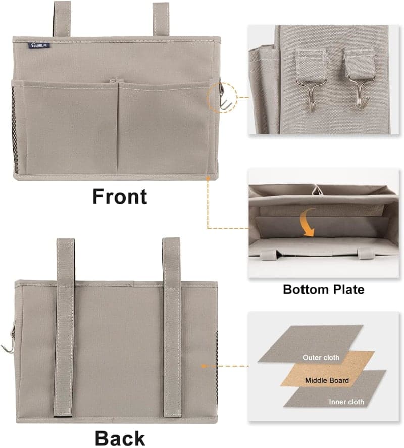 Gray fabric bedside storage caddy with pockets and hooks for dorm room or small bedroom organization gallery view 4