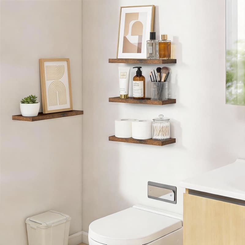 Rustic brown wood floating bathroom shelves for towels, toiletries, plants, and over-toilet storage gallery view 1