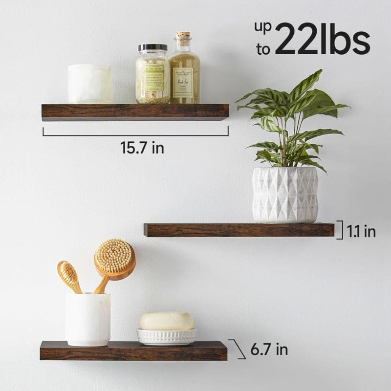 Rustic brown wood floating bathroom shelves for towels, toiletries, plants, and over-toilet storage gallery view 3