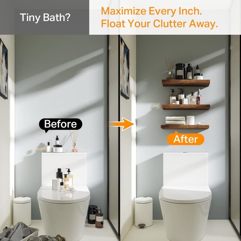 Rustic brown wood floating bathroom shelves for towels, toiletries, plants, and over-toilet storage gallery view 4