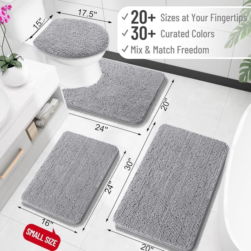 Grey chenille bathroom runner rug with soft texture for tub, shower, and vanity floor spaces gallery view 4