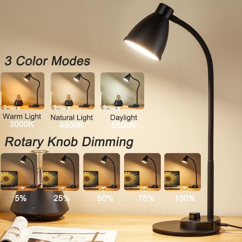 Black adjustable LED desk lamp with USB charging for bedside, study, or home office lighting gallery view 1