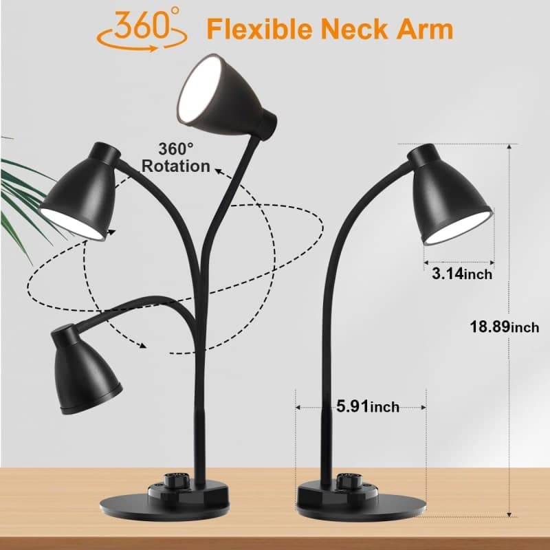 Black adjustable LED desk lamp with USB charging for bedside, study, or home office lighting gallery view 2