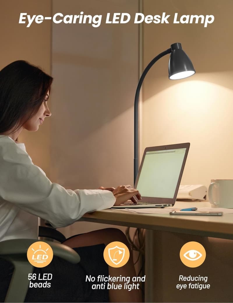 Black adjustable LED desk lamp with USB charging for bedside, study, or home office lighting gallery view 4