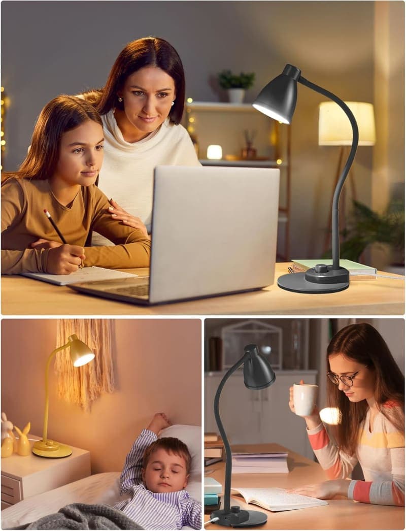 Black adjustable LED desk lamp with USB charging for bedside, study, or home office lighting gallery view 3