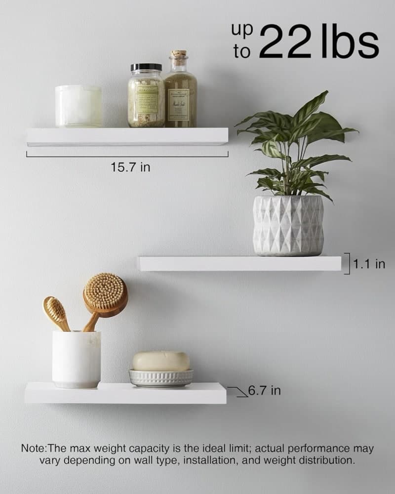 White floating wall shelves with metal brackets for books, decor, plants, and home storage gallery view 1
