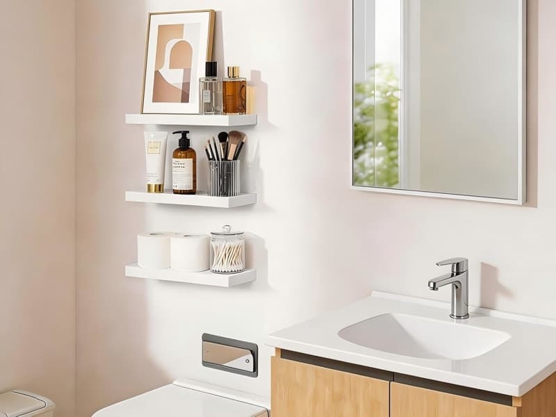 White floating wall shelves with metal brackets for books, decor, plants, and home storage gallery view 4