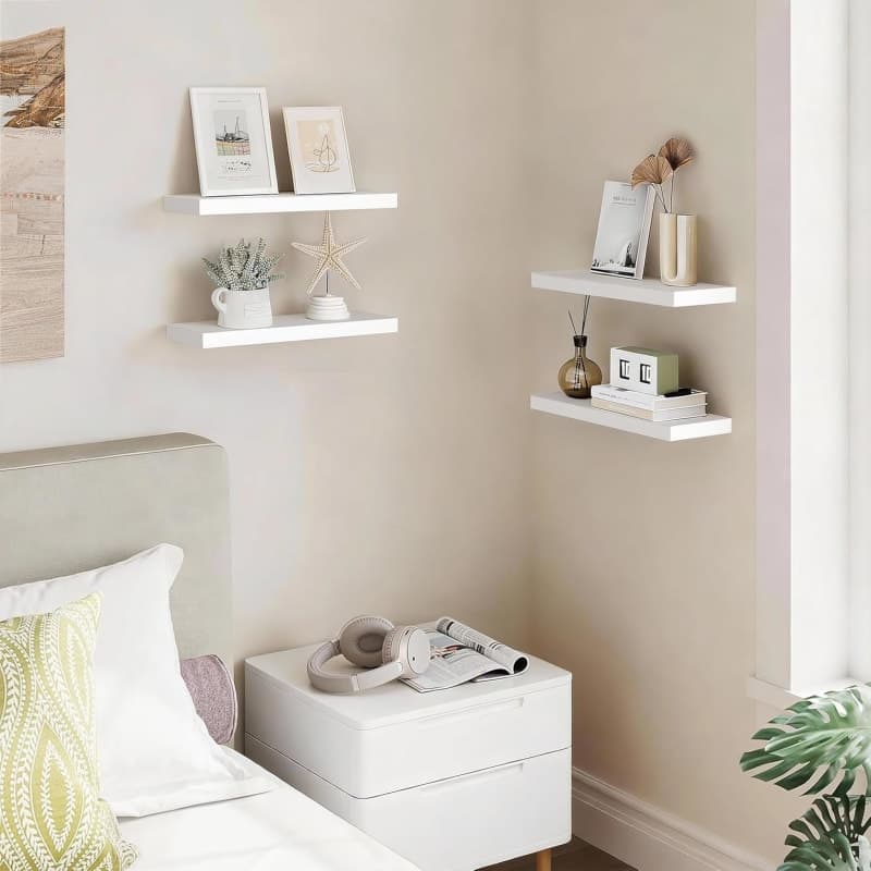 White floating wall shelves with metal brackets for books, decor, plants, and home storage gallery view 3
