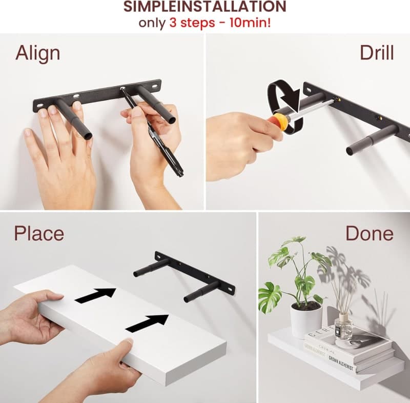 White floating wall shelves with metal brackets for books, decor, plants, and home storage gallery view 2