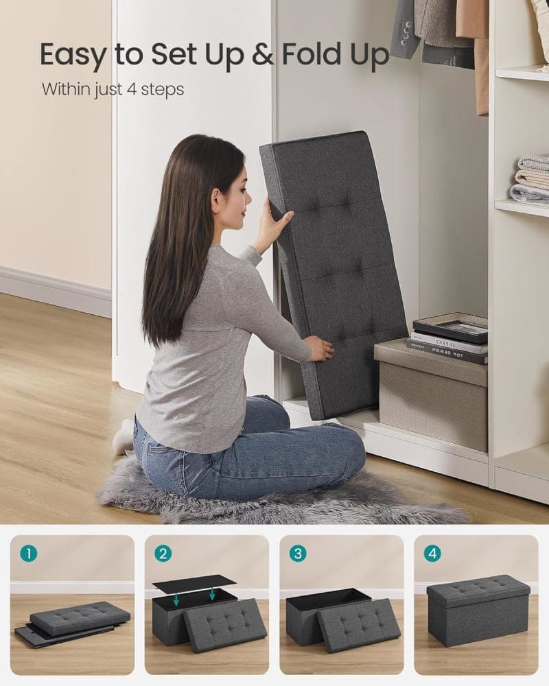 Dark gray fabric folding storage ottoman bench for bedroom, living room, or entryway organization gallery view 1