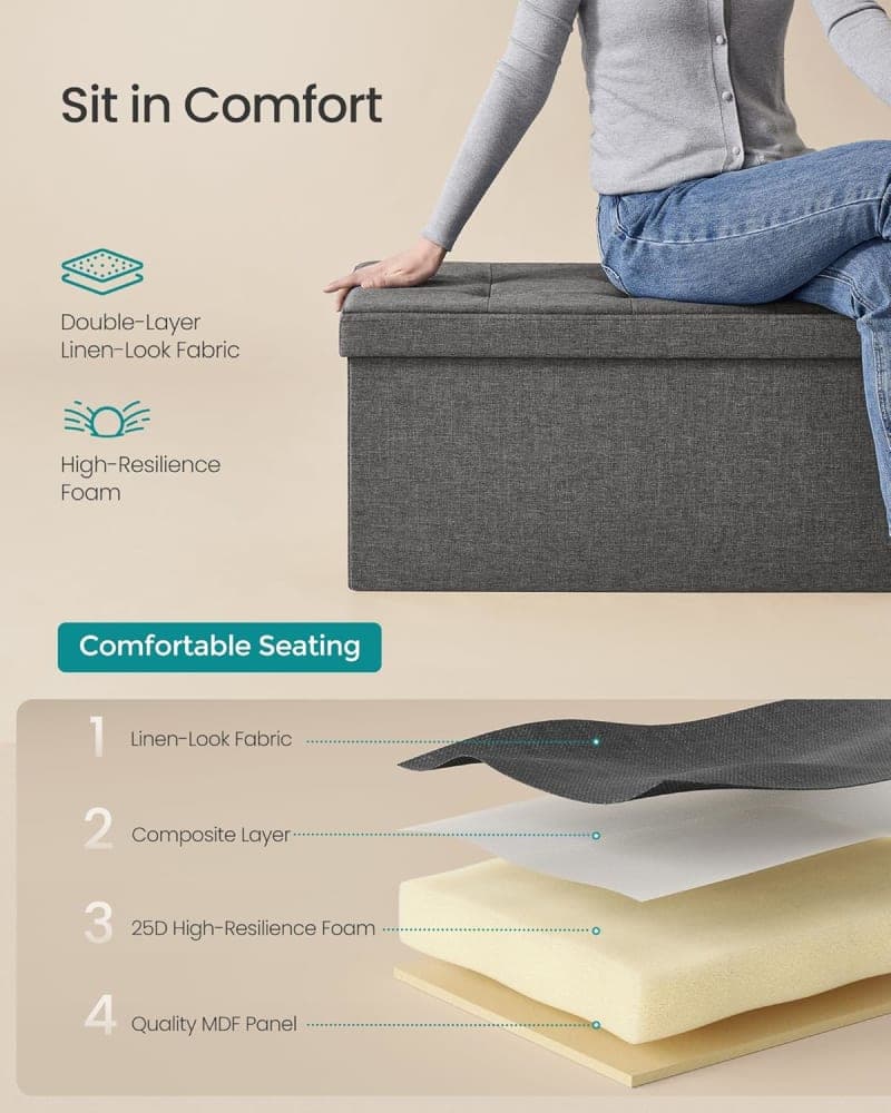 Dark gray fabric folding storage ottoman bench for bedroom, living room, or entryway organization gallery view 2