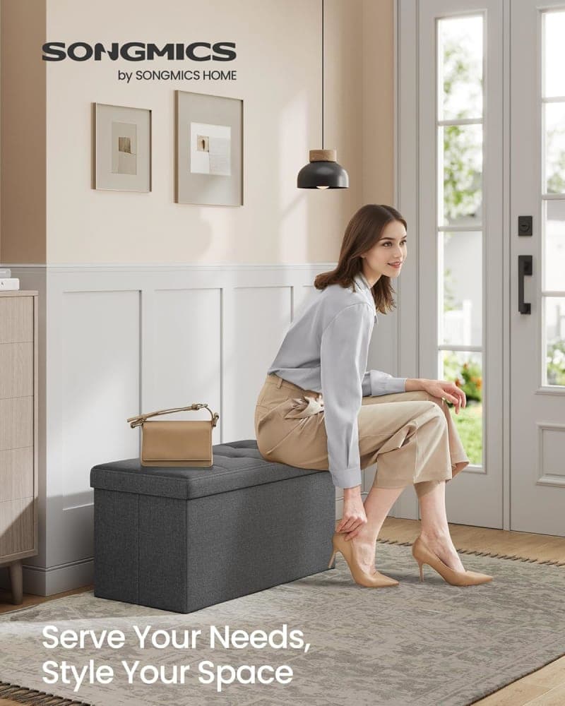 Dark gray fabric folding storage ottoman bench for bedroom, living room, or entryway organization gallery view 3
